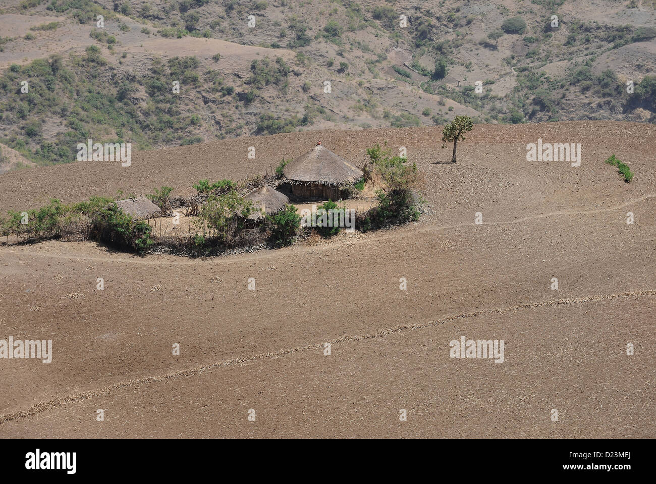 Mangudo, Äthiopien, Hütten und Felder im Hochland Stockfoto