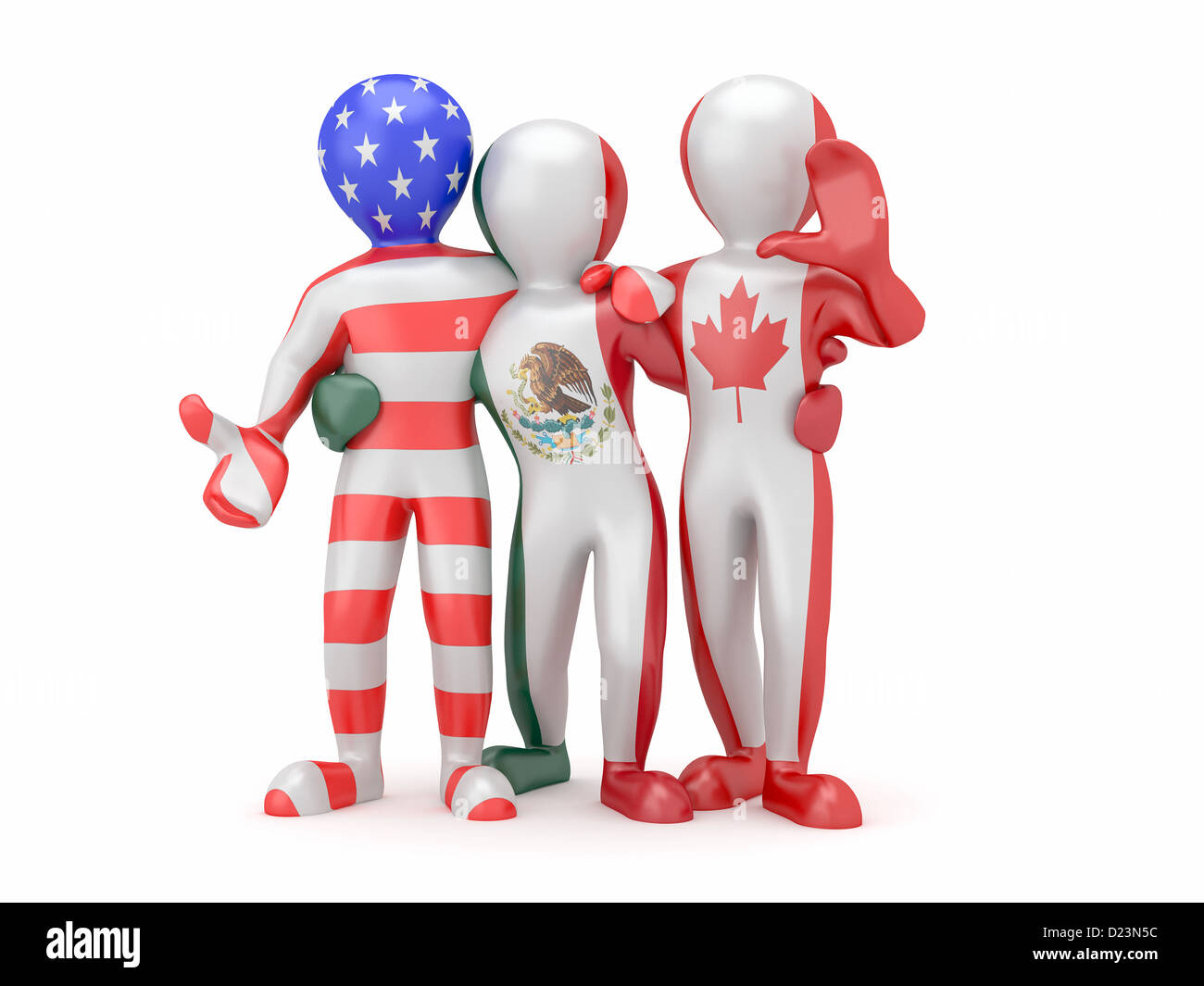 NAFTA. Menschen in Farbe der Flagge von Kanada, Mexiko, USA. 3D Stockfoto