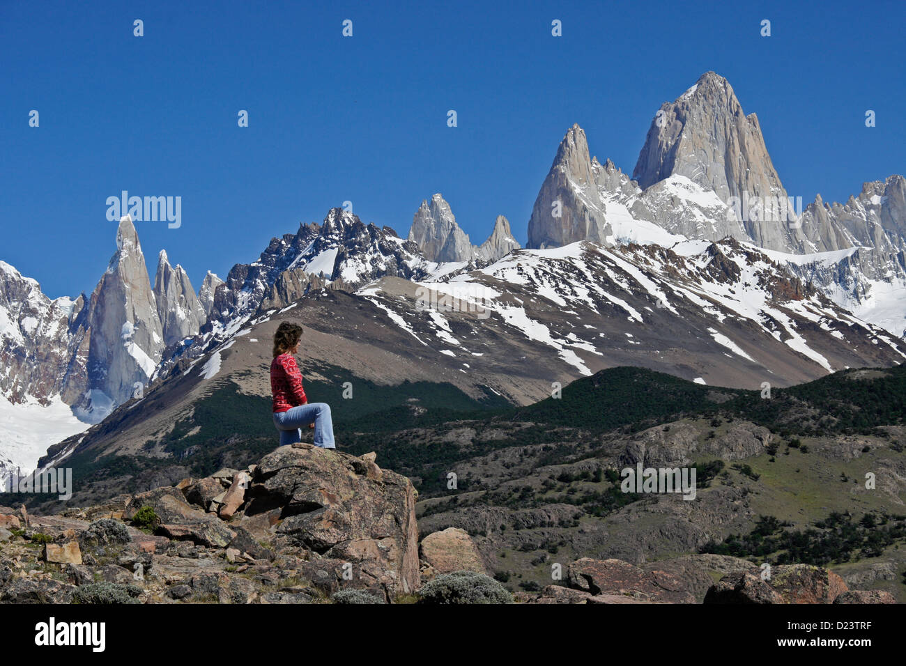 Wanderer und Fitz Roy Bereich der Anden, Los Glaciares NP, Patagonien, Argentinien Stockfoto
