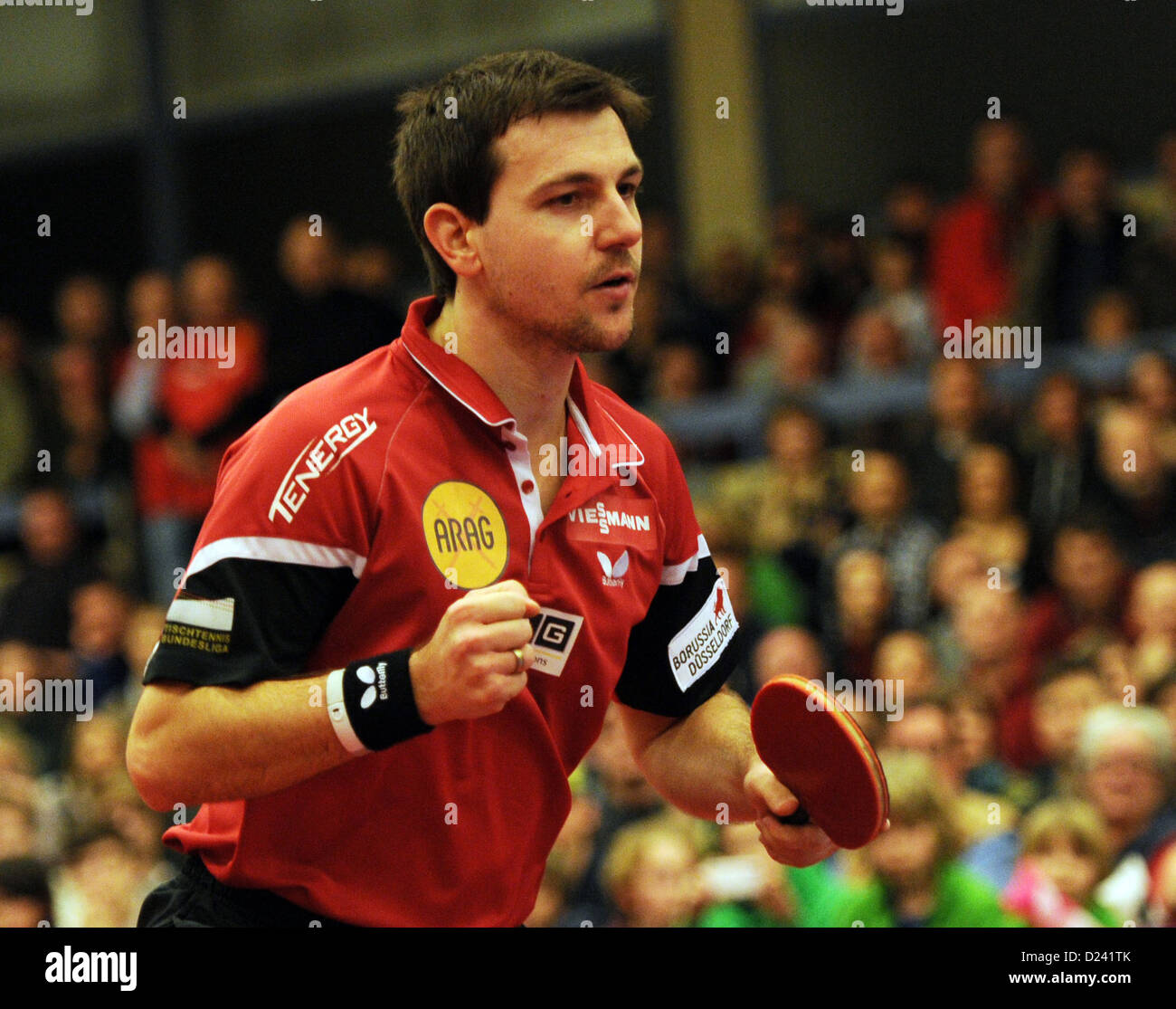 Düsseldorfer Timo Boll spielt gegen Werder Crisan (nicht im Bild) bei den Herren deutsche Bundesliga Runde Tischtennis Borussia Duesseldorf Vs Werder Bremen im Sporthalle Tegelsbarg in Hamburg, Deutschland, 12. Januar 2013. Foto: Angelika Warmuth Stockfoto