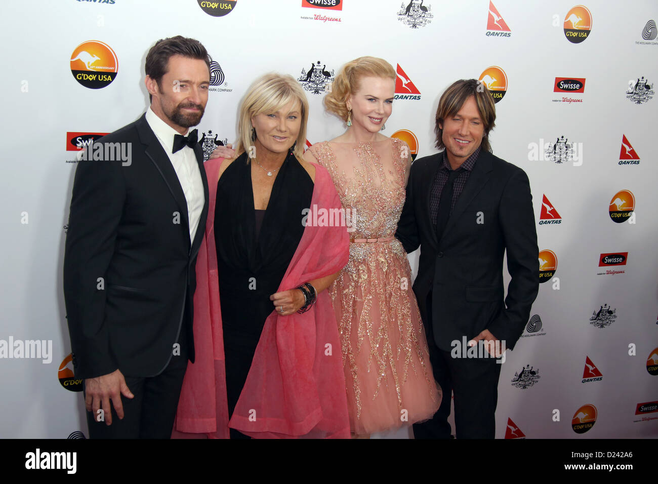 (L-R) Schauspieler Hugh Jackman und Frau Schauspielerin Deborra-Lee Furness, Schauspielerin Nicole Kidman und Ehemann Musiker Keith Urban teilnehmen G'Day USA Los Angeles Black Tie Gala im Hotel JW Marriott in Los Angeles, USA, am 12. Januar 2013. Foto: Hubert Boesl/dpa Stockfoto