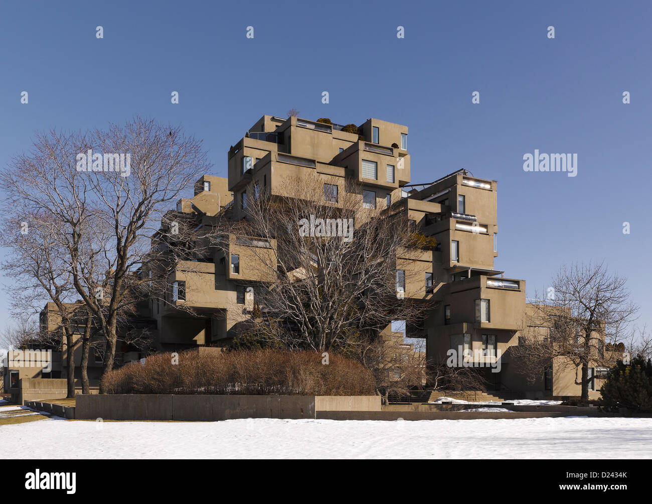 Habitat 67, Montreal, Kanada. Architekt: Moshie Safdie, 1967. Außenansicht. Stockfoto