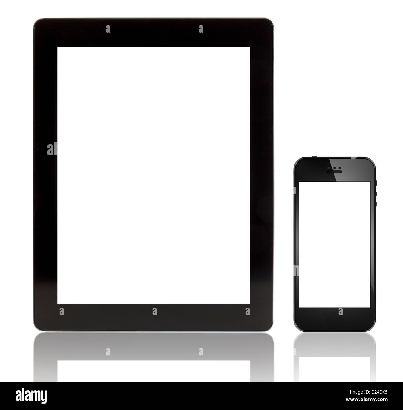 Tablet-PC und smart Phone schwarz glänzend, mit Schirm isoliert auf weiss Stockfoto