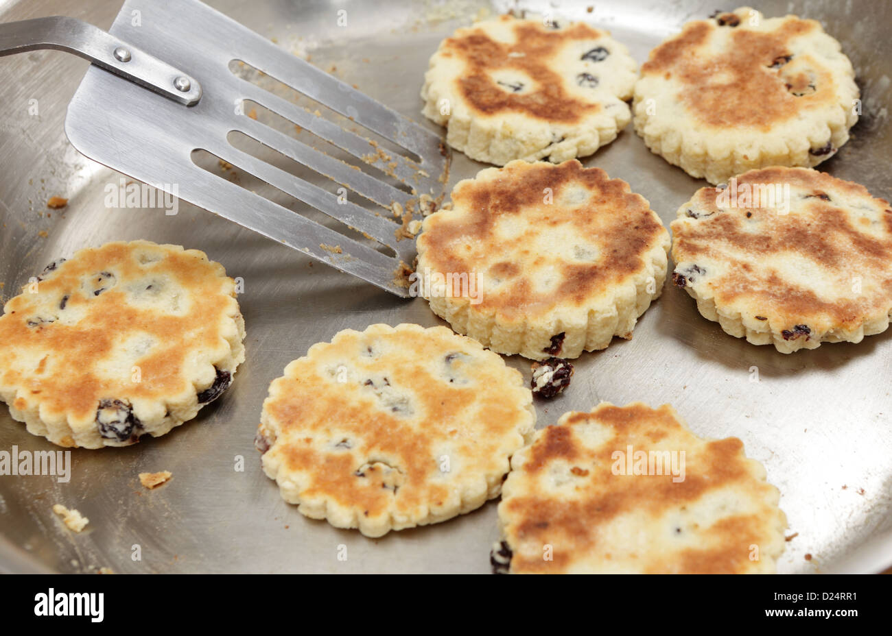 Eine Charge des walisischen Kuchen kochen in einer Pfanne aus Stahl Stockfoto