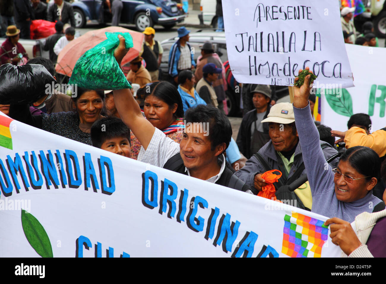 LA PAZ, Bolivien, 14. Januar. Kokabauern halten Blätter, wie sie marschieren, um Bolivien feiern Wiedereintritt 1961 UNO Single Convention on Narcotic Drugs. Bolivien formal zog sich aus der Konvention im Jahr 2011 und hatte bereits Kampagnen für Klauseln verbietet traditionelle Verwendungen des Kokablatts entfernt werden. 11. Januar 2013 hatte Frist nur 15 Länder (weniger als die 62 erforderlich, um den Vorschlag zu blockieren) Einspruch gegen Bolivien Wiedereingliederung in das Übereinkommen mit speziellen Dispensationen registriert. Wieder kommen ab 10. Februar 2013 in Kraft. Stockfoto