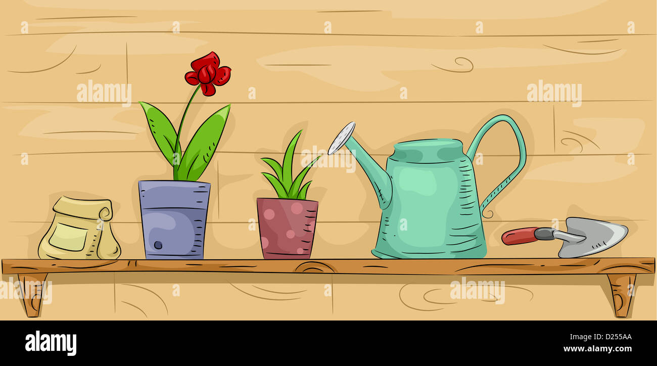 Illustration Der Ein Regal Voller Gartengerate Und Materialien Stockfoto Bild 52974386 Alamy