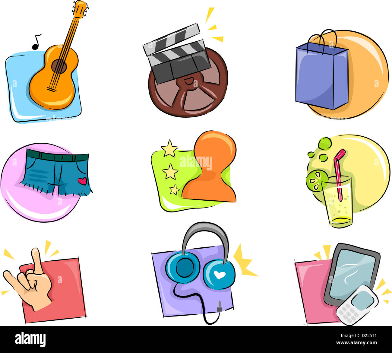 Darstellung der verschiedenen Hobbys und Interessen-Icon-Design-Elemente Stockfoto