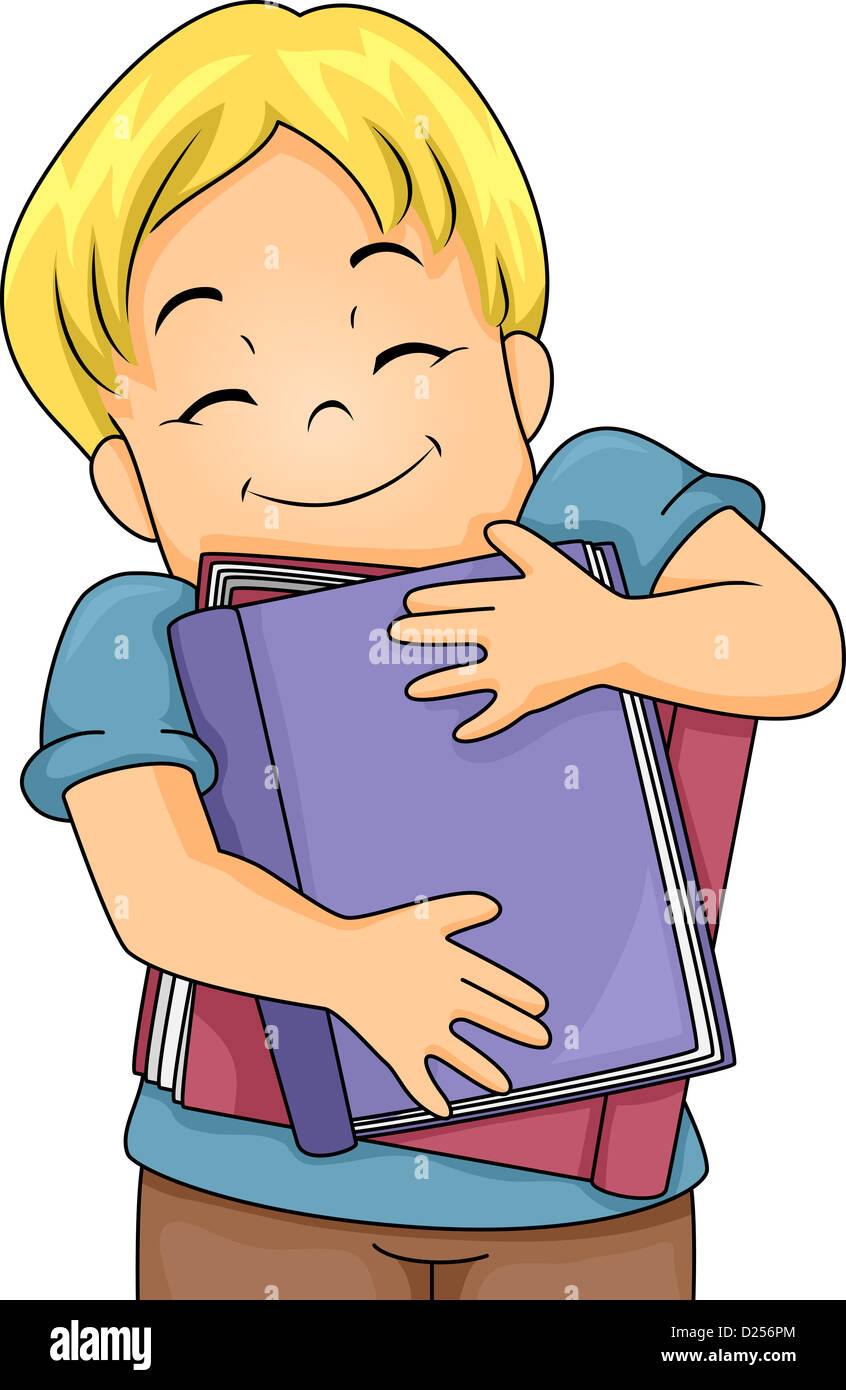 Beispiel für ein fröhlicher Junge umarmt große Bücher Stockfoto
