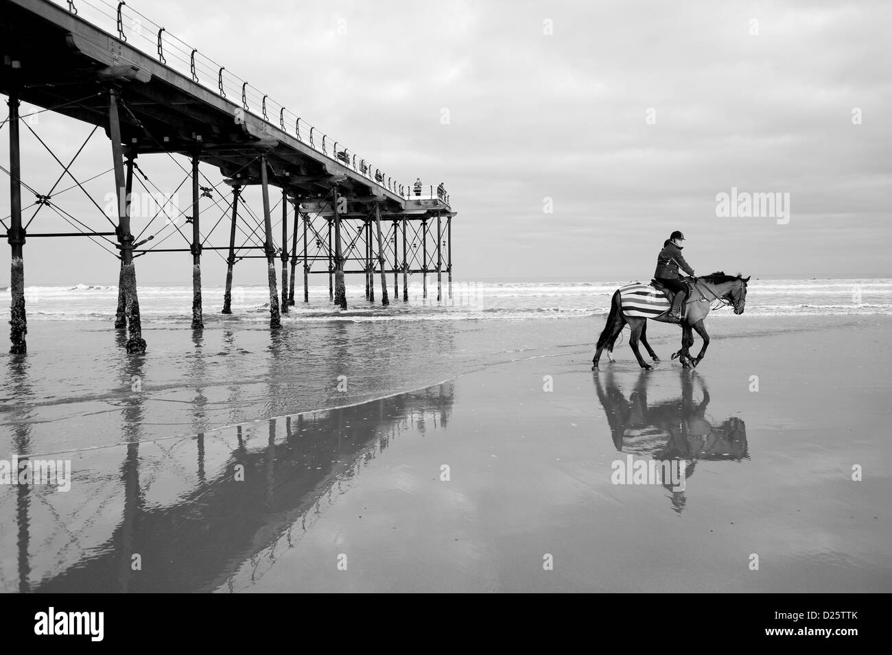 Reiter auf Pferd Trab entlang der nassen Sand in der Nähe der Pier am Saltburn in Cleveland. Stockfoto