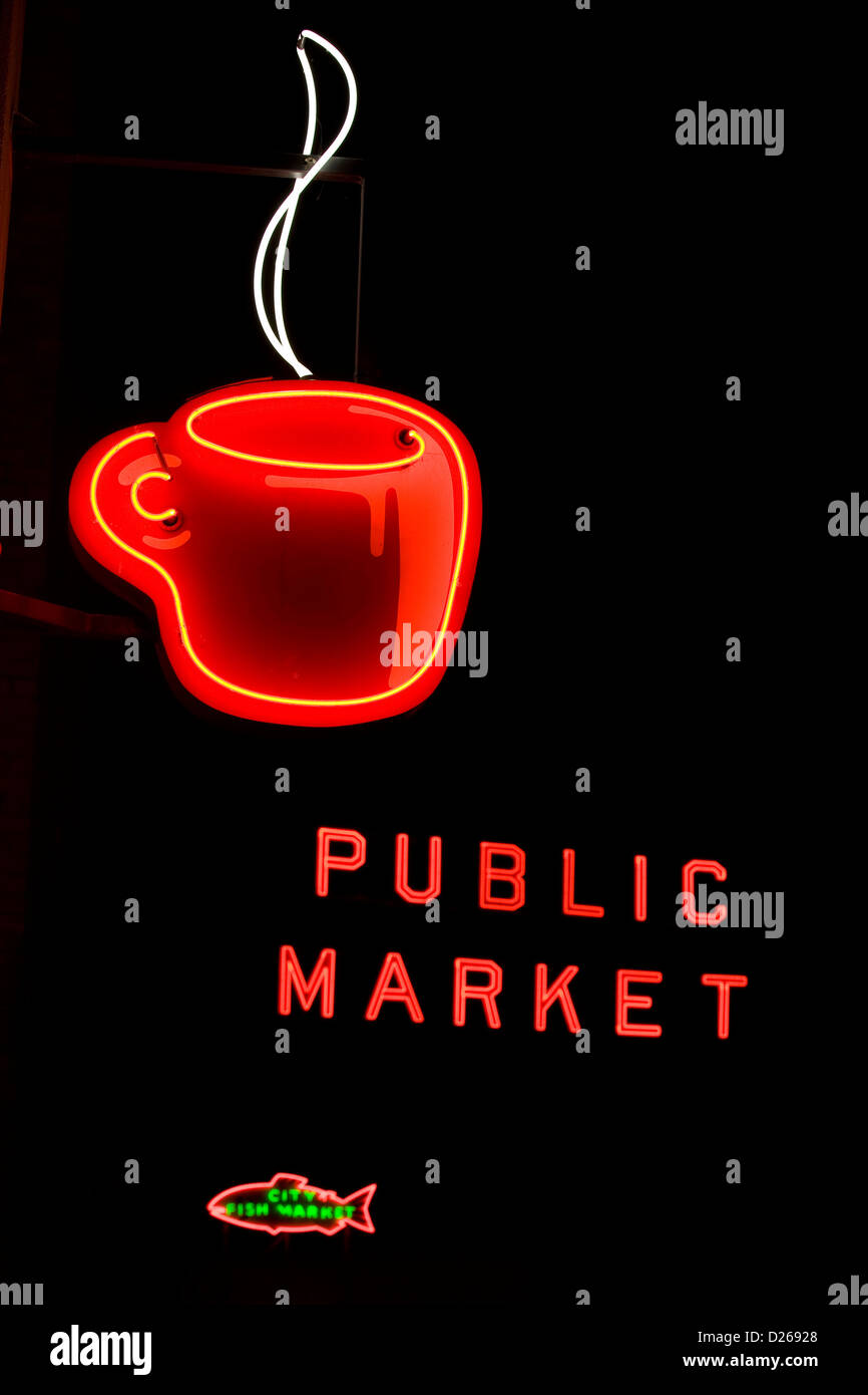 POST GASSE KAFFEE SHOP CUP PIKE PLACE ÖFFENTLICHEN MARKT NEON SCHILDER WATERFRONT DOWNTOWN SEATTLE WASHINGTON STATE USA Stockfoto