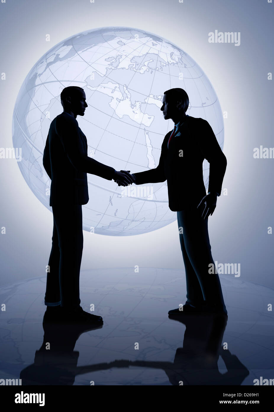 Männer schütteln sich die Hände vor einem Globus Stockfoto