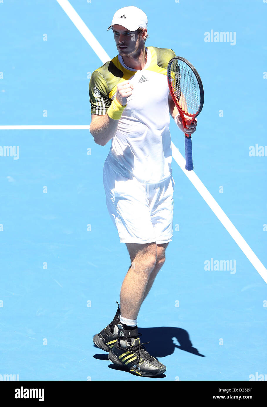 Melbourne, Australien. 15. Januar 2013.  Andy Murray (GBR) sucht nach dem Sieg über Robin Hasse (NED) in der ersten Runde der Australian Open in Melbourne Park Tennis Centre in Melbourne, Australien. Murray gewann 6-3,6-1,6-3 Stockfoto