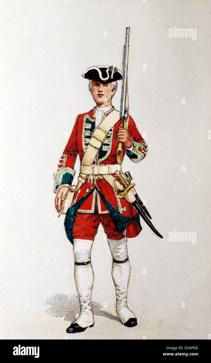 Britischen militärischen Druck, Rotrock, grünes Howards Museum, Private 1742 Soldat aus dem 18. Jahrhundert Soldaten einheitliche Uniformen, Richmond Stockfoto