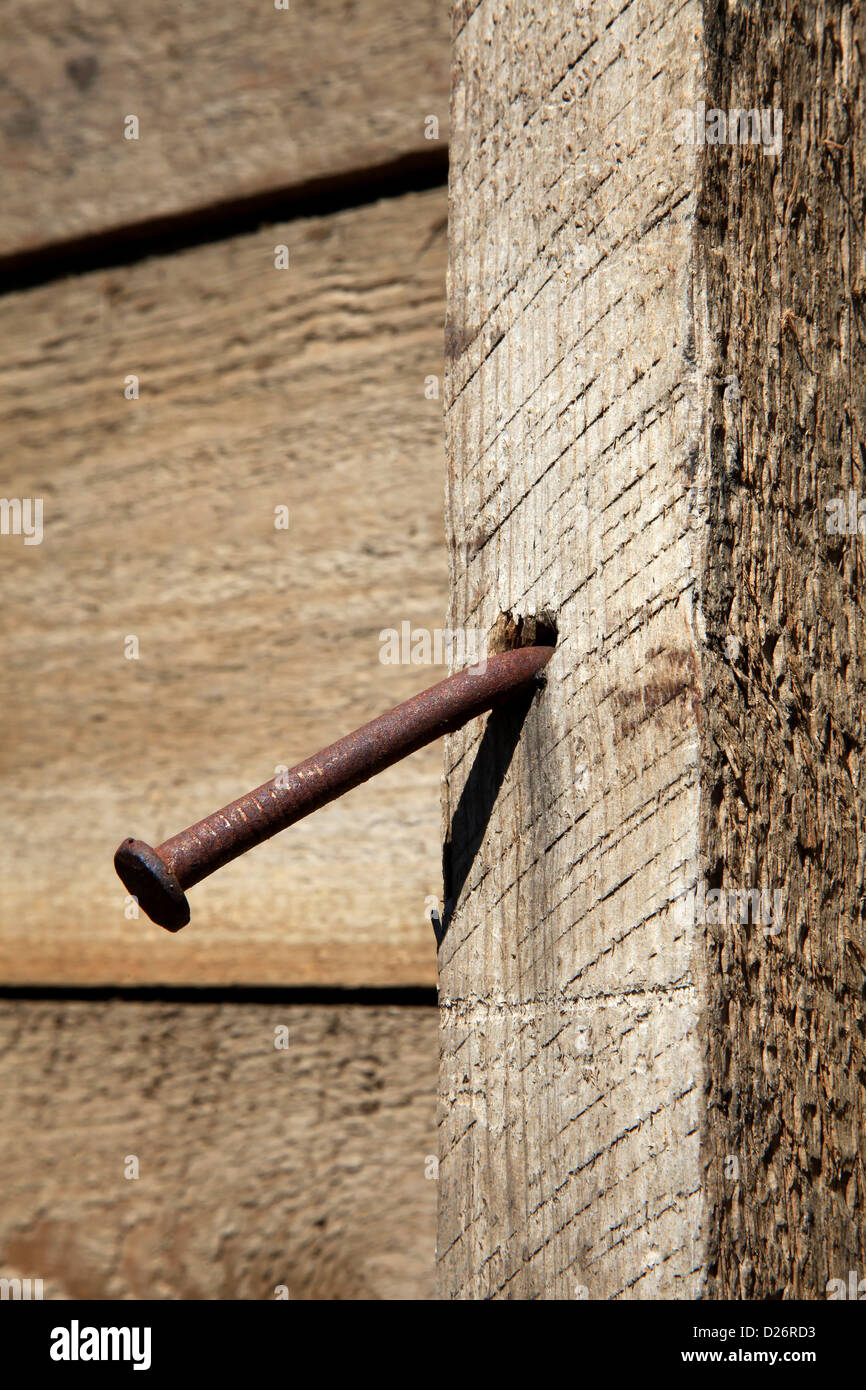 Gebogene rostigen Nagel in Holzbalken Stockfoto
