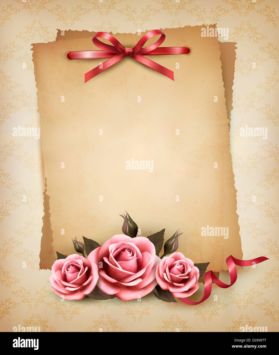 Retro-Hintergrund mit schönen rosa rose und alte Papier. Vektor-Illustration. Stockfoto