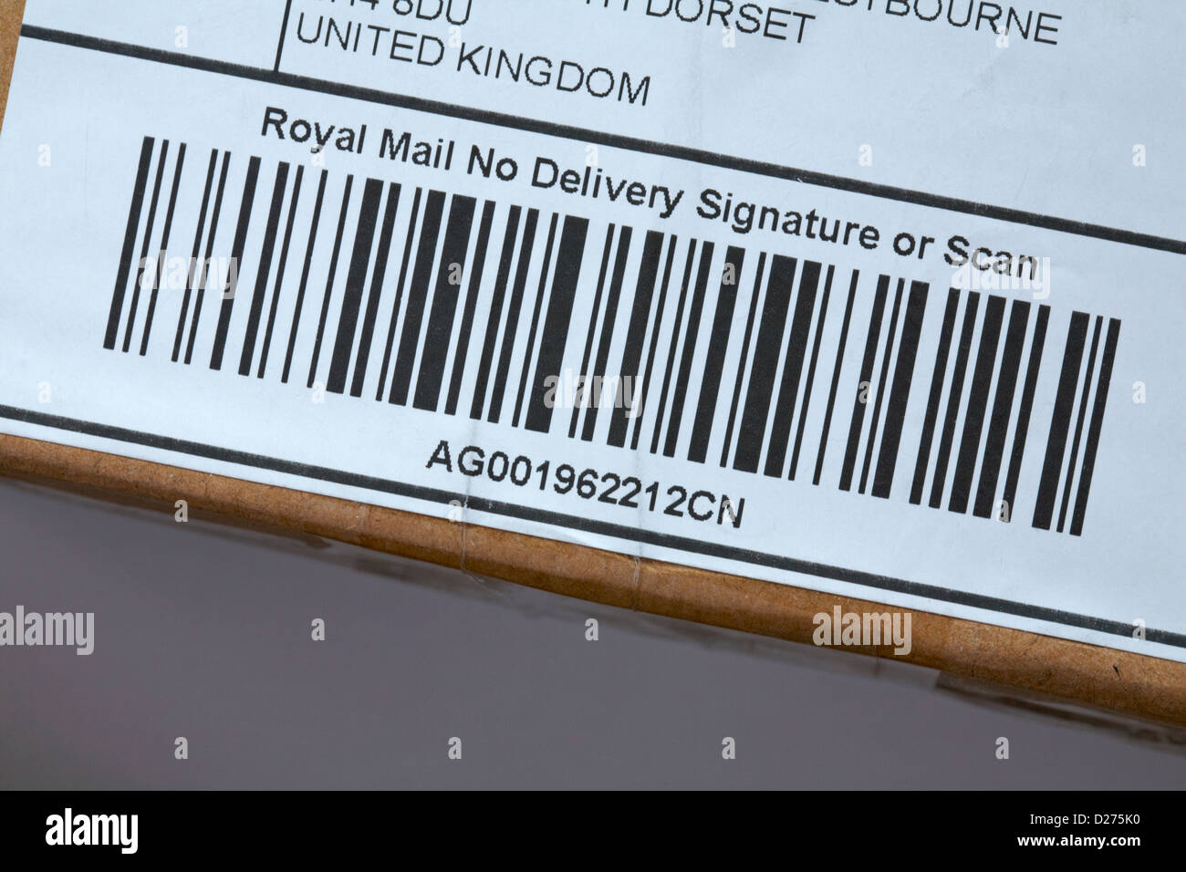 Royal Mail keine Liefersignatur oder Scan-Barcode auf Paketverpackung Stockfoto