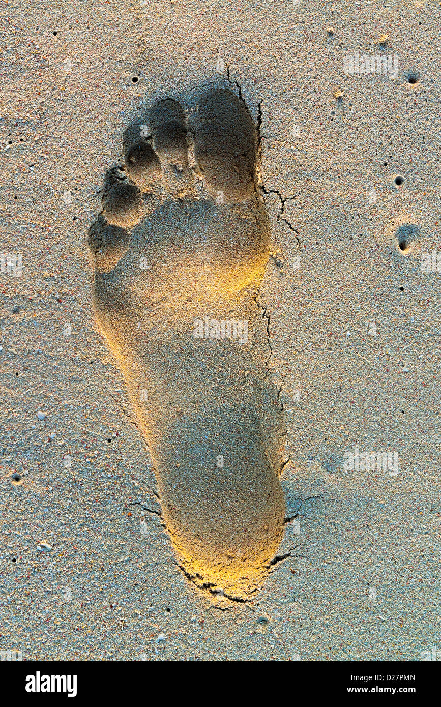 Fußabdruck im Sand am Strand, Nahaufnahme Stockfoto