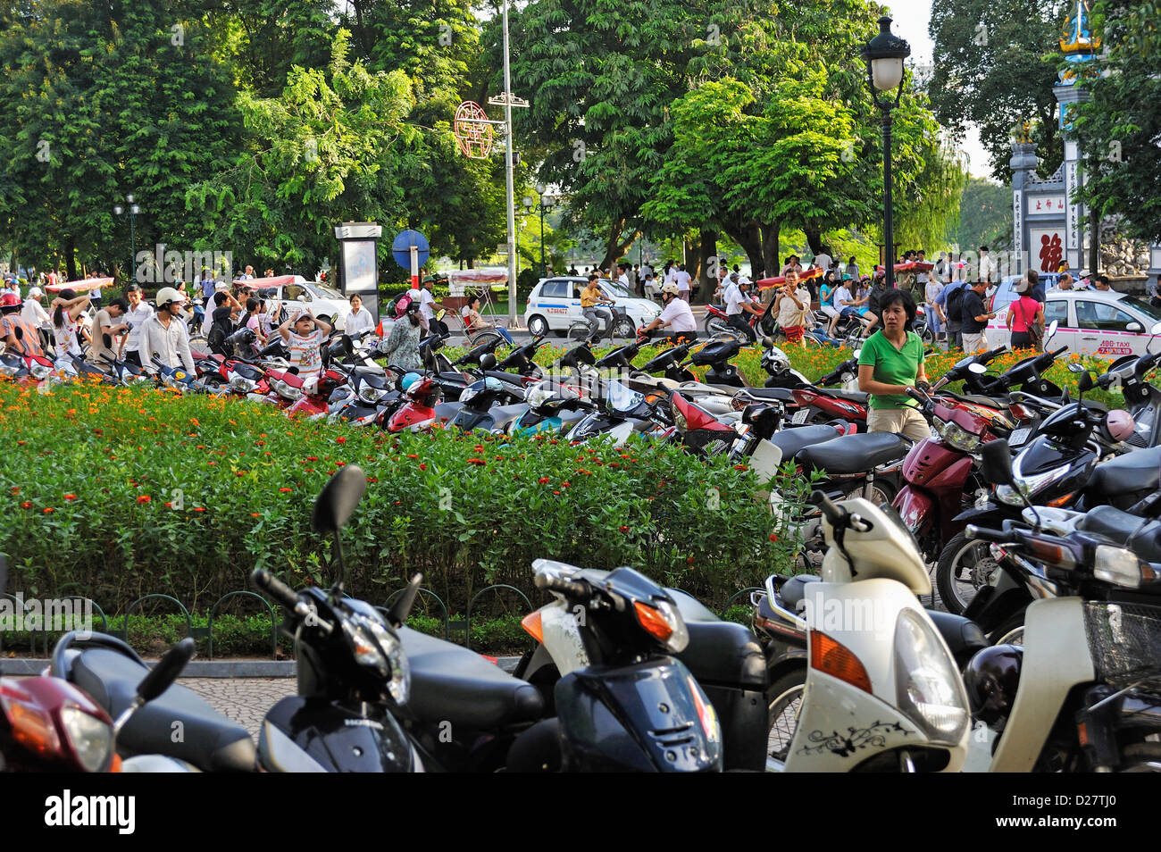 Vietnam - Reihen von geparkten Roller und Mofas Futter Straßen in Hanoi City Center Stockfoto