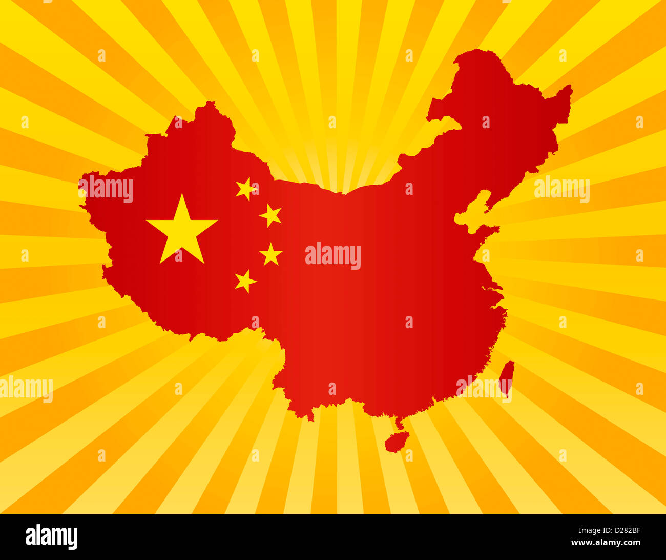 Volksrepublik China-Flagge im Landkarte Silhouette auf Sonnenstrahlen Hintergrund Illustration Stockfoto
