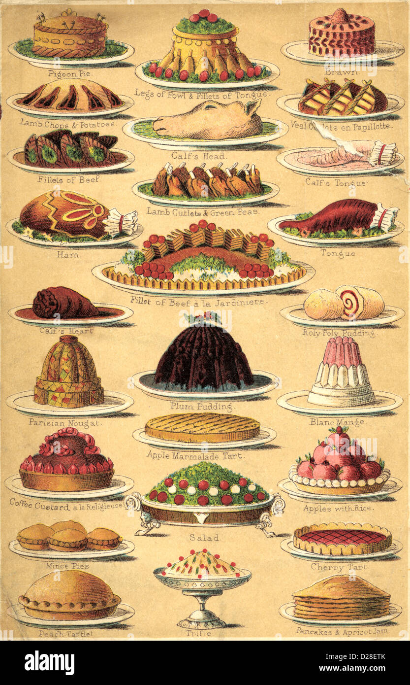 1890-Farben-Lithographie von Frau Beetons Kochbuch zur Veranschaulichung verschiedener viktorianischen Lebensmitteln wie Kuchen, Puddings und Fleisch Stockfoto