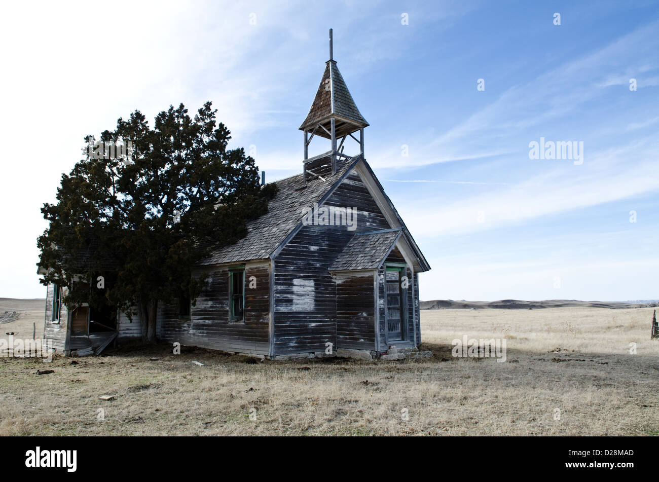 Eine alte verlassene Kirche auf der Pine Ridge Reservation in South Dakota Stockfoto