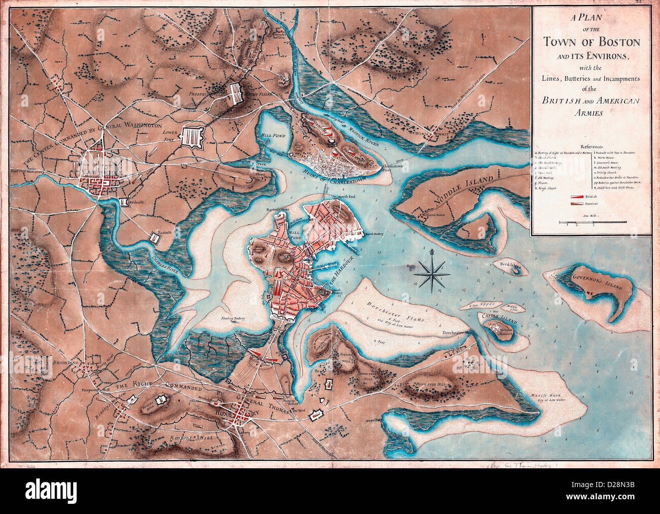 Ein Plan der Stadt von Boston und Umgebung, mit den Linien, Batterien und Incampments der britischen und amerikanischen Armeen. 1776 USA Unabhängigkeitskrieg Stockfoto