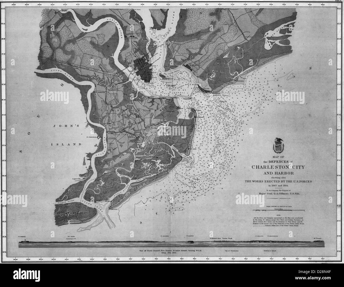 Karte der Verteidigung von Charleston Stadt und Hafen, zeigt auch die Werke von der US-Streitkräfte 1863 und 1864 errichtet Stockfoto