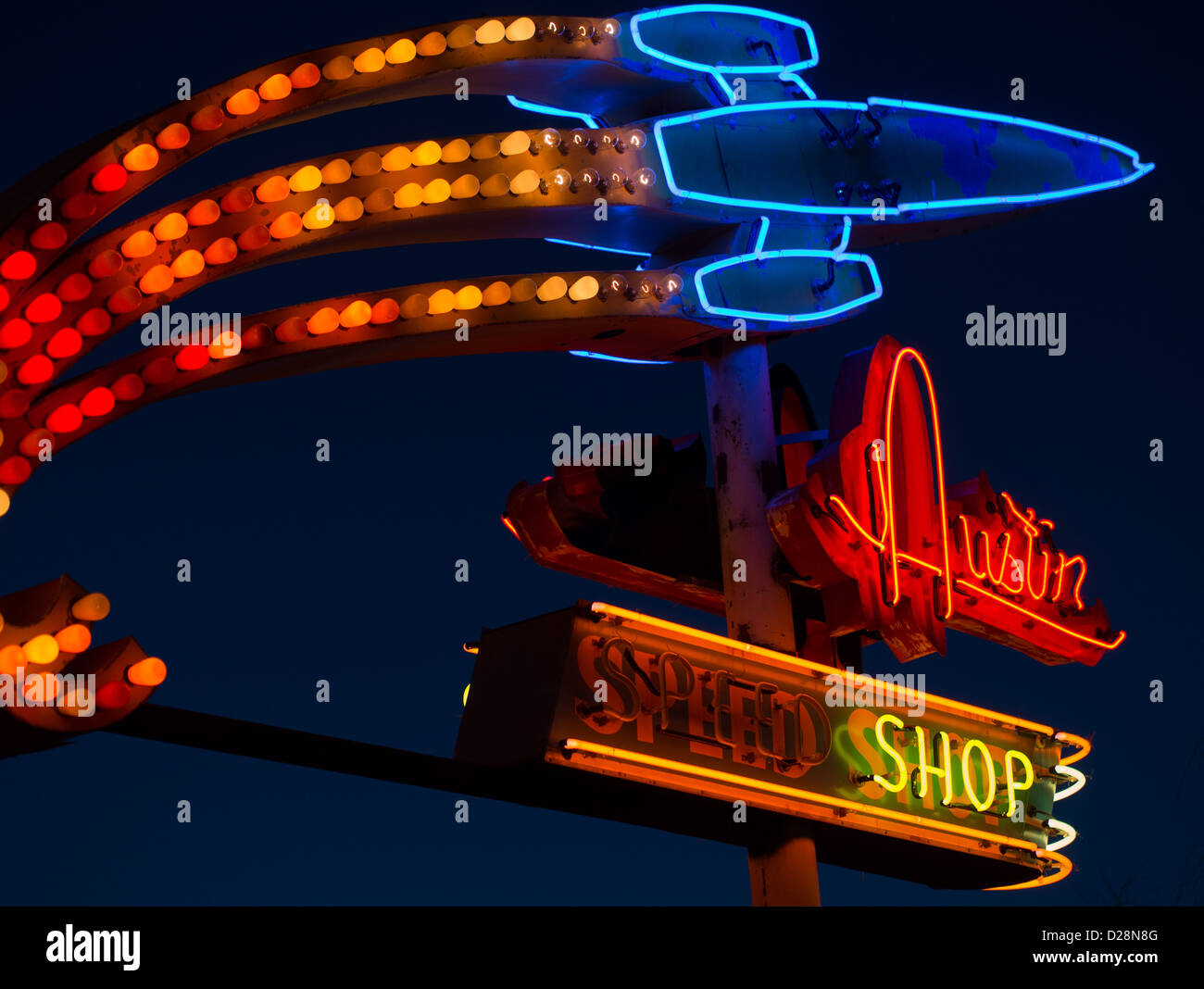Austin Speed Shop Leuchtreklame Stockfoto