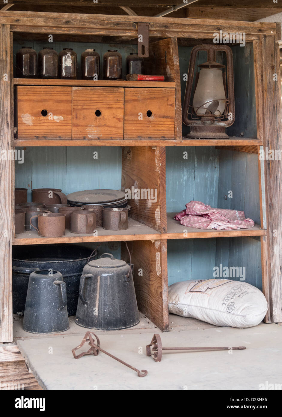 Lieferungen auf einem Chuckwagon in einer Ausstellung auf der LBJ Ranch nahe Johnson City, Texas Stockfoto