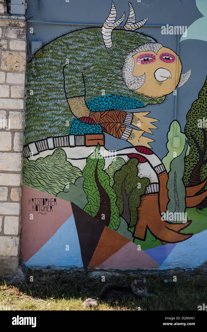 Austin, Texas Straßenkunst Wandgemälde von Kris Kotcher auf der Ostseite der Stadt Stockfoto