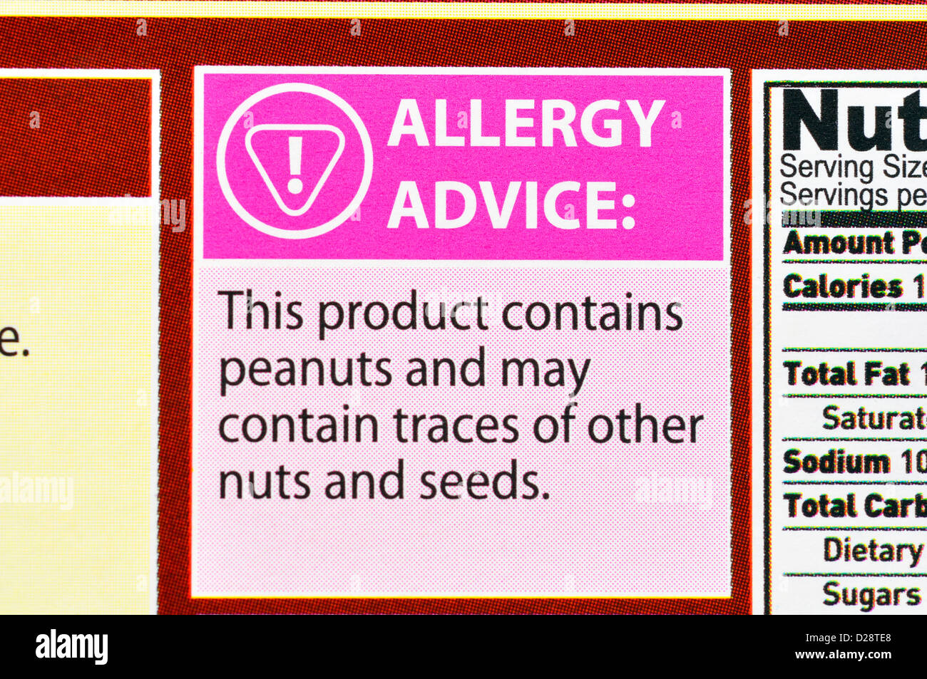 Allergie-Warnschild auf Lebensmittel-Paket Stockfoto