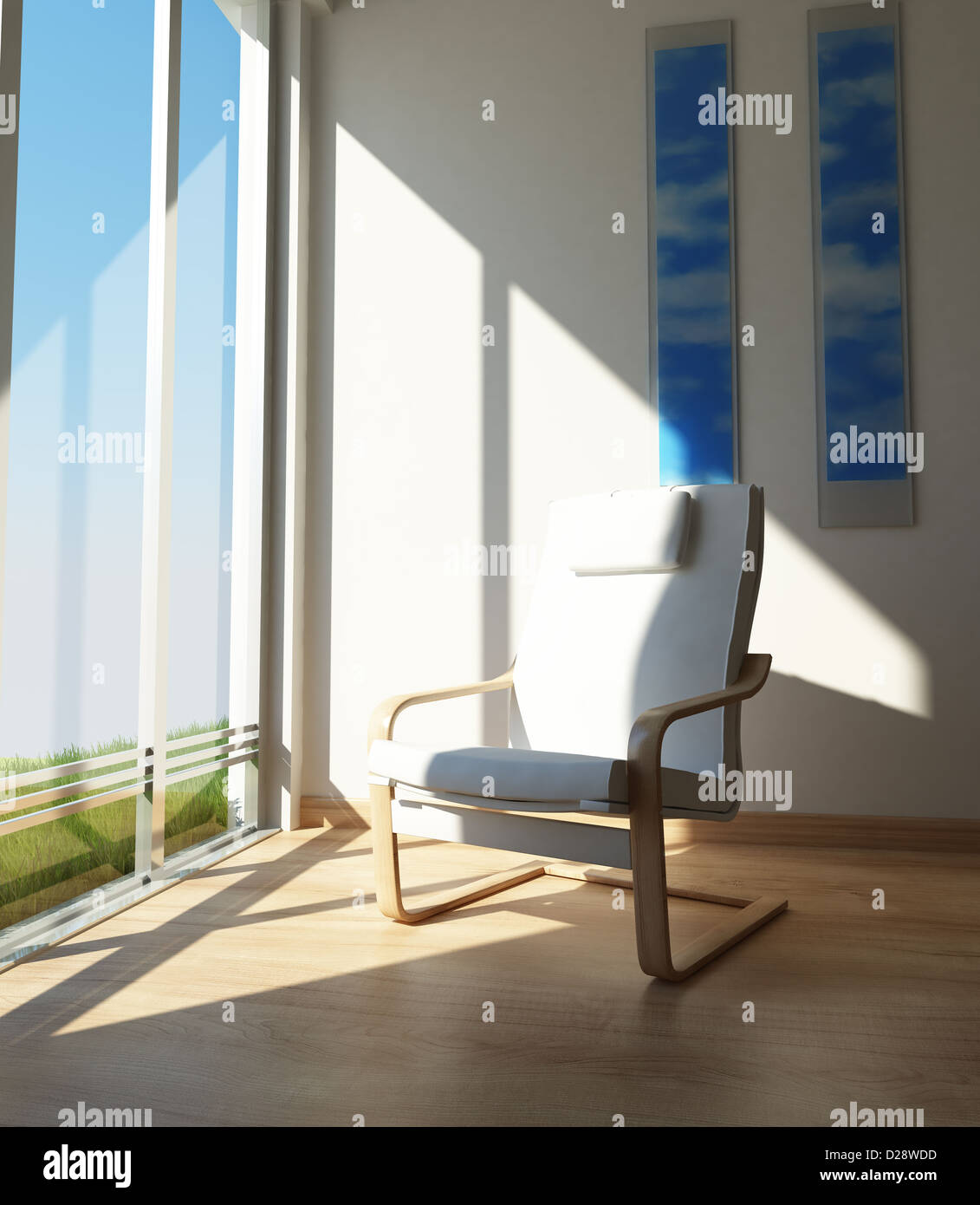 Innenräume. Zeitgenössische Stuhl auf einer Raumecke, neben einem großen Fenster in der Sonne. Stockfoto