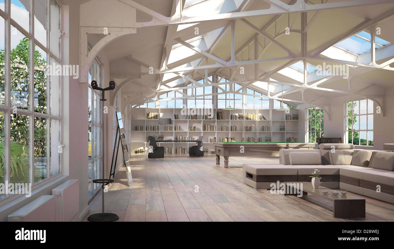 Luxus Loft Interieur, mit alten Metallstruktur auf Decke und ... Luxus Loft Interieur, mit alten Metallstruktur auf Decke und ...