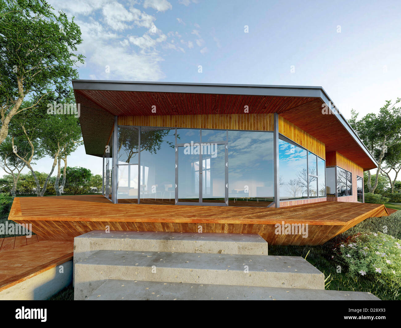 Moderne Villa hergestellt aus Holz, Glas und Stahl, mit grünen Park