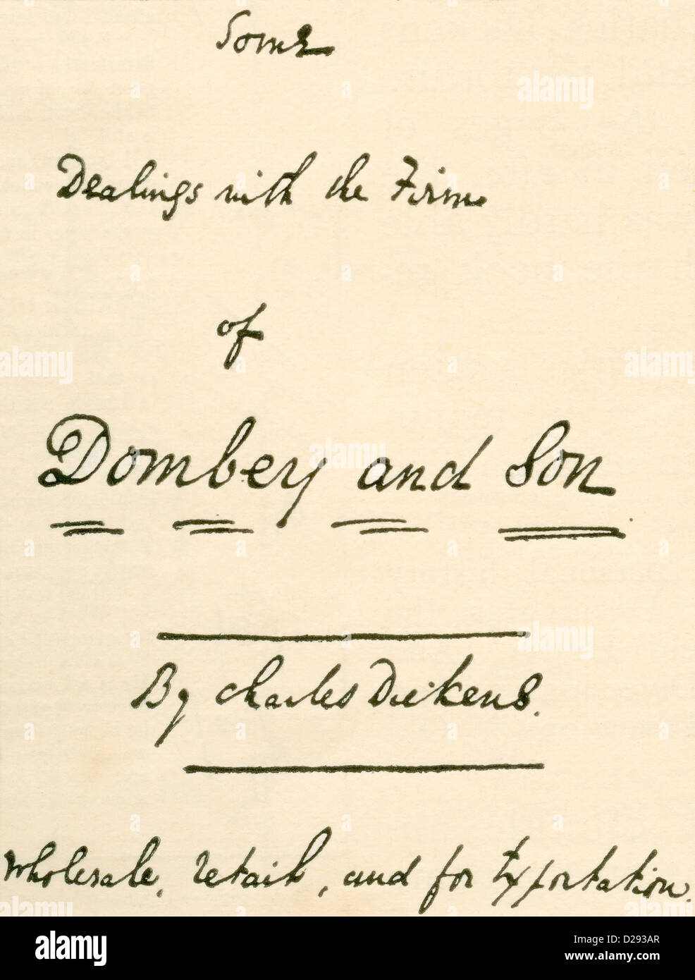 Titelseite, Manuskript der Dombey und Sohn Charles DIckens eigenhändig schriftlich. Stockfoto
