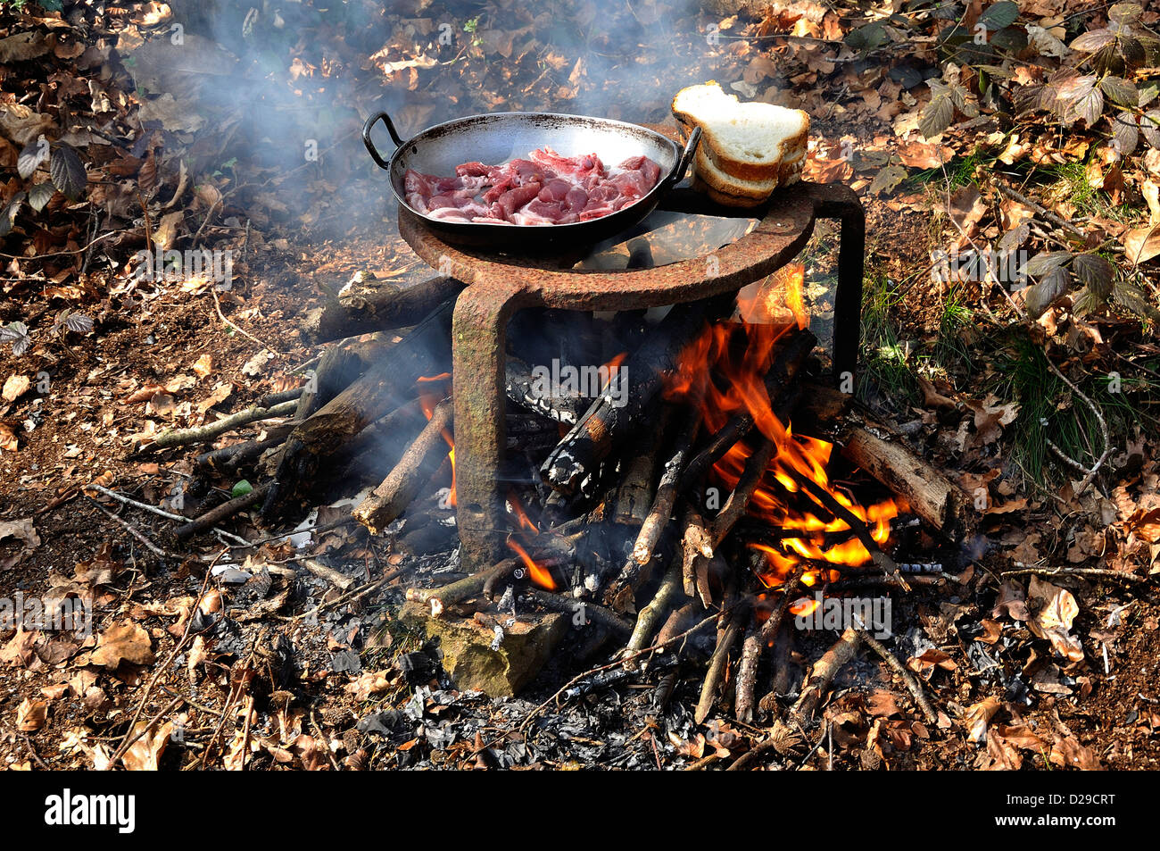 Fleisch kochen mit einem Grill in einem Wald, Landschaft des nördlichen Mayenne (Land der Loire, Frankreich). Stockfoto