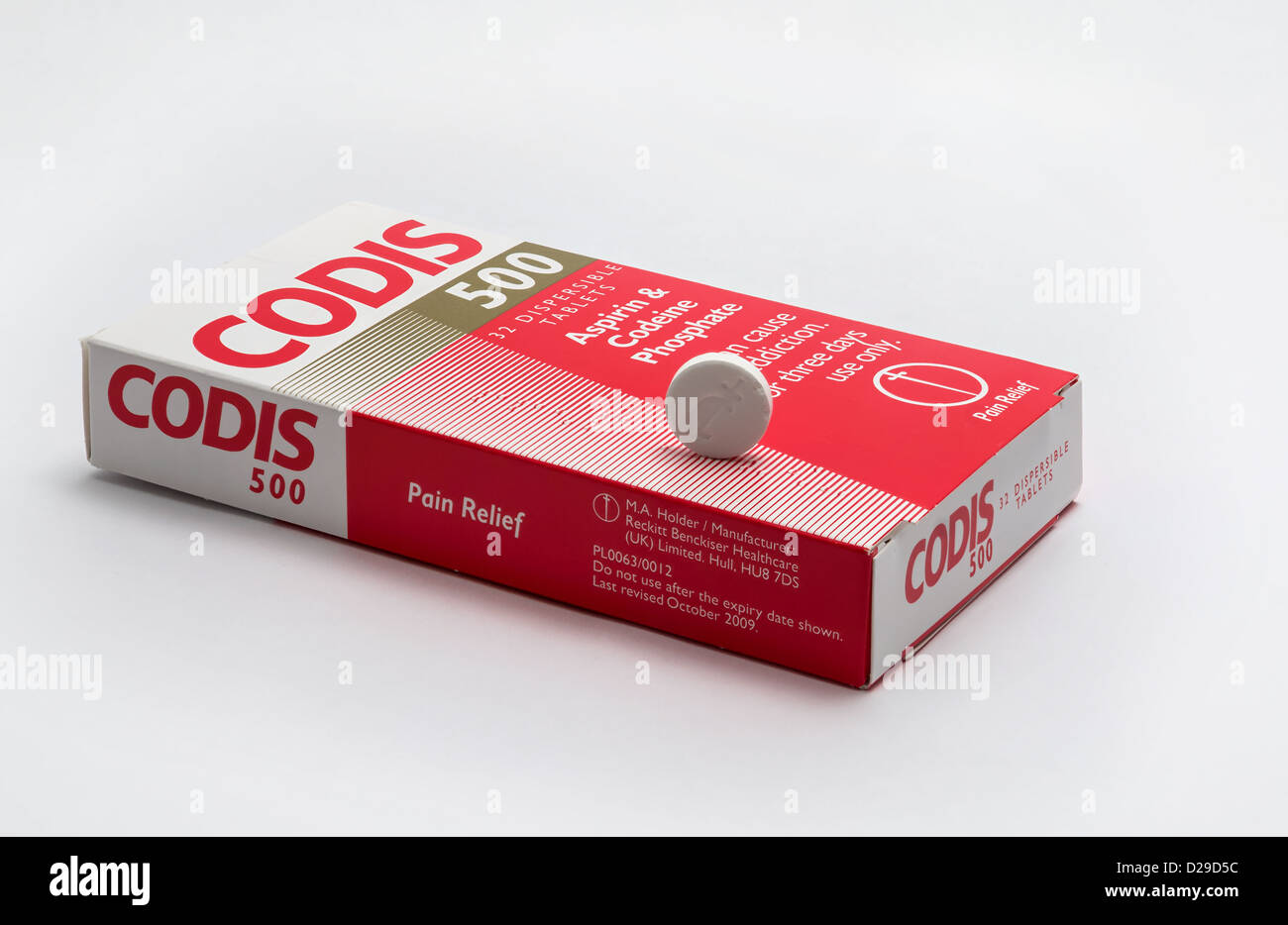 Einen Karton mit Codis - eine Schmerzbehandlung Relief mit Codein Phosphat und Aspirin. Stockfoto