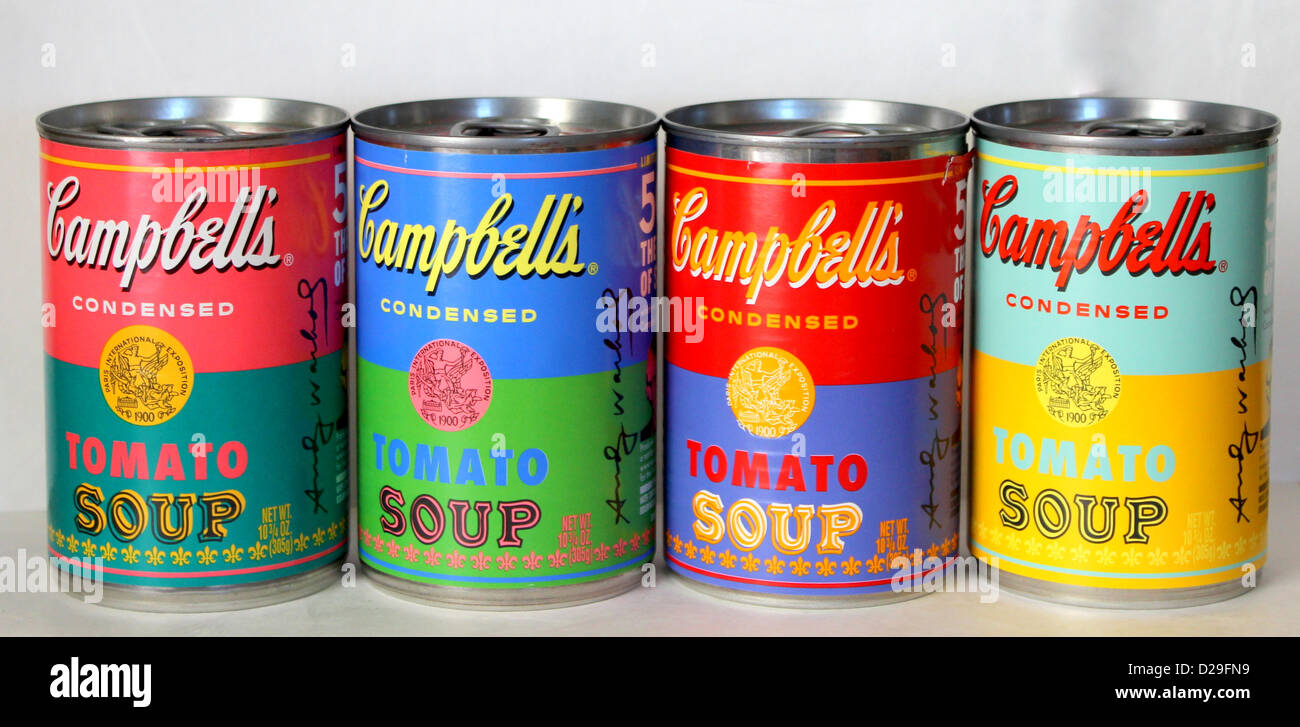 Campbells Suppendosen (TIN) mit limitierter Auflage Andy Warhol Etiketten. Stockfoto