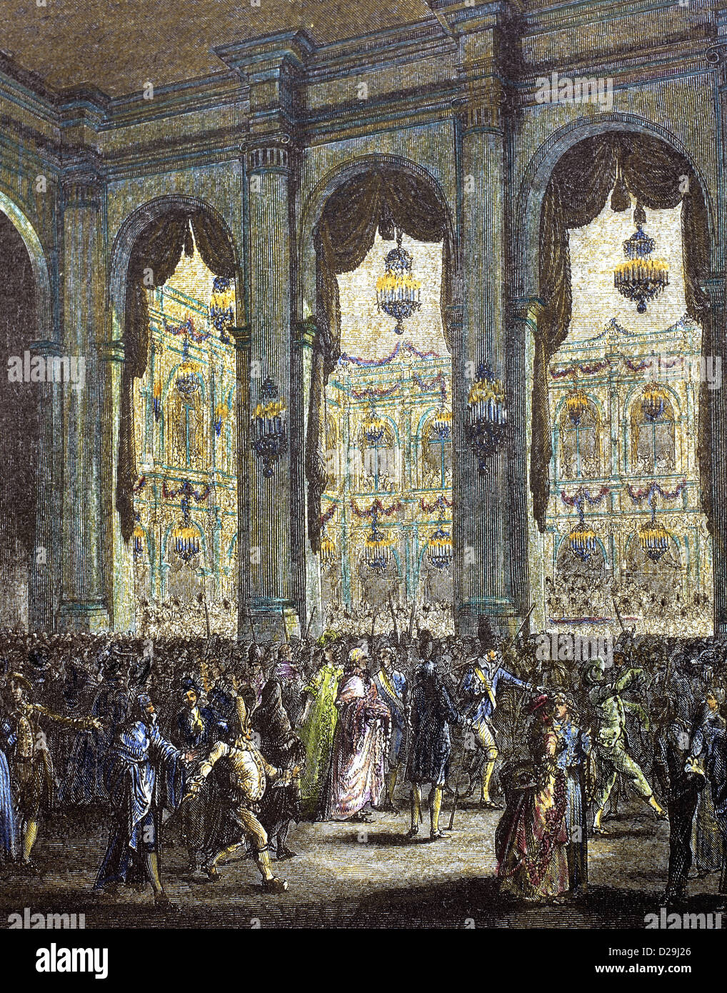 Frankreich. 18. Jahrhundert. Maskenball zu Ehren von König Louis XVI. 23. Januar 1782. Farbige Gravur. Stockfoto