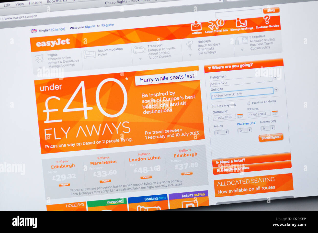 EasyJet Website - Flugtickets Online-Rabatt Stockfoto