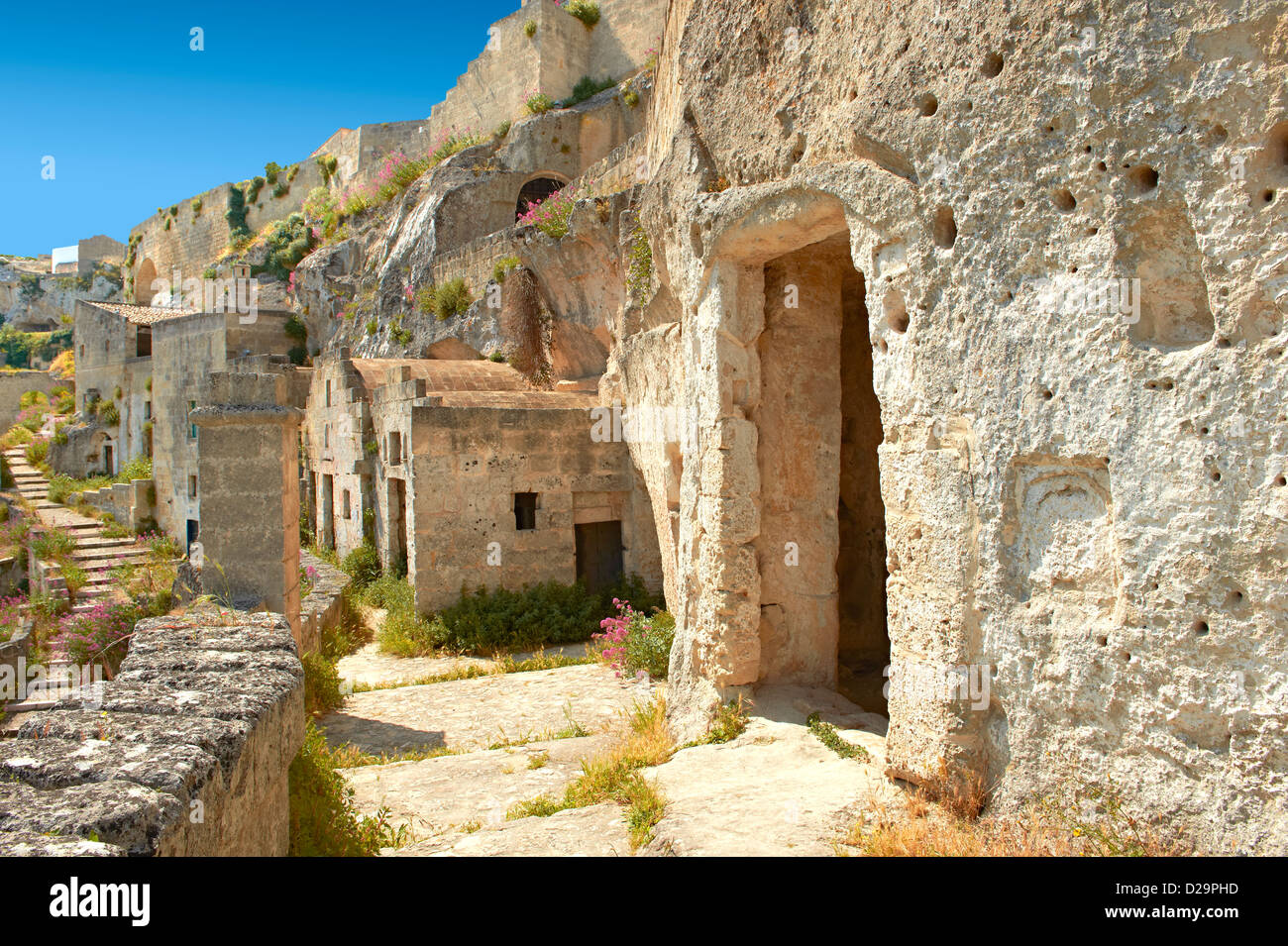 Die alte Höhle Wohnungen, bekannt als "Sassi", in Matera, Süditalien. Ein UNESCO-Weltkulturerbe. Stockfoto