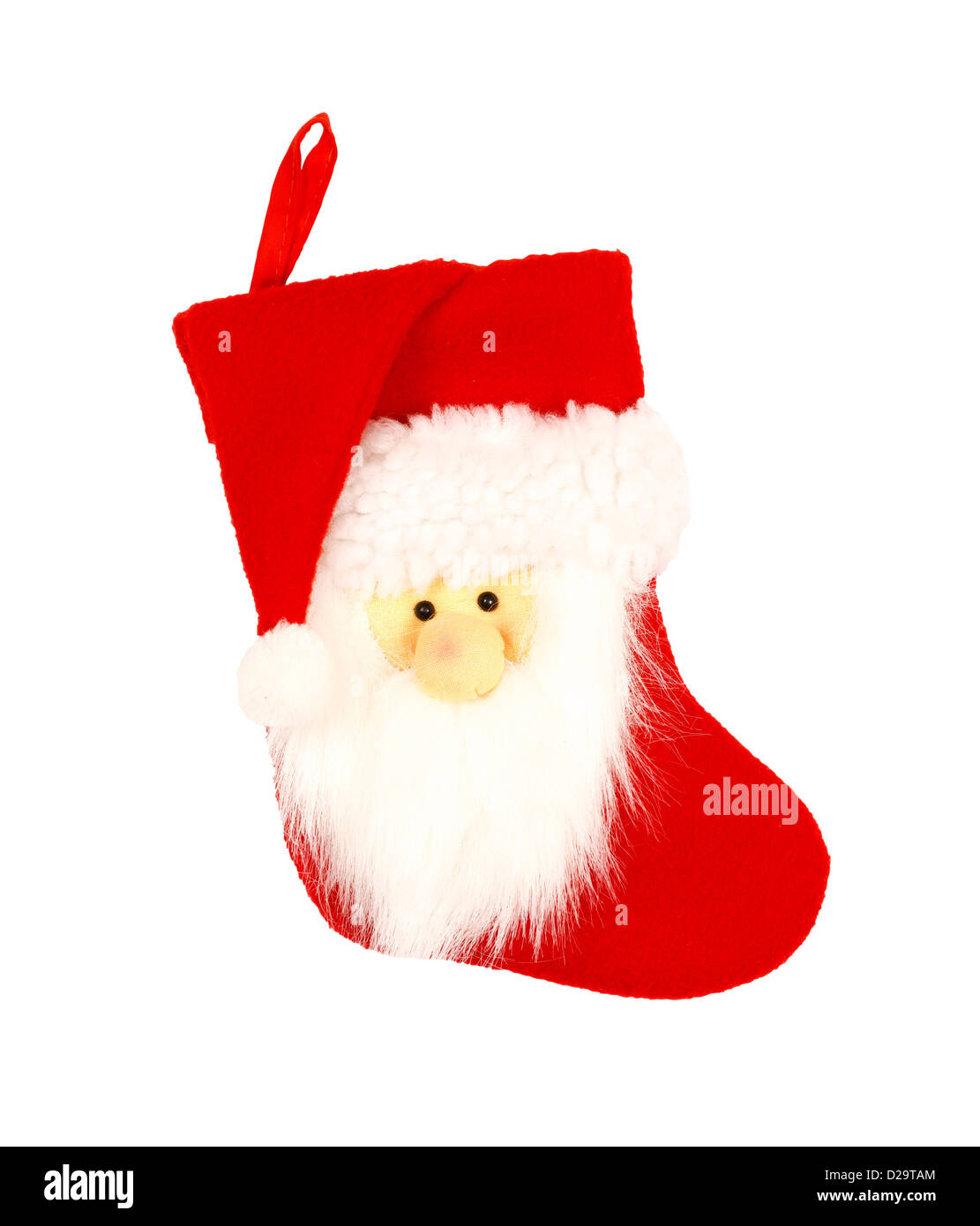 Rot Weihnachten Strumpf mit Santa Gesicht isoliert auf einem weißen Hintergrund mit Beschneidungspfad Stockfoto