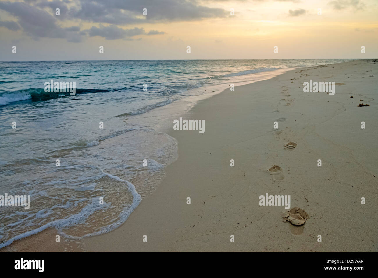 Fußspuren im Sand bei Tagesanbruch am einsamen Strand an Punta Cana, Dominikanische Republik, Karibik Stockfoto
