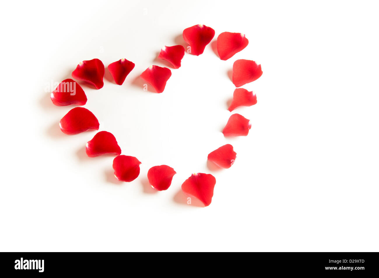 Rote Rosenblätter in der Form eines Herzens Stockfoto