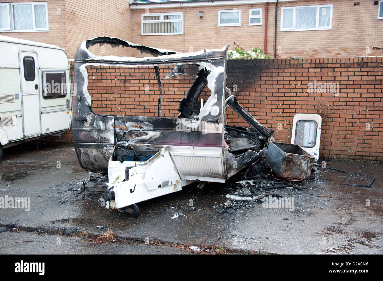 Touring Caravan Brandstiftung Feuer UK ausgebrannt Stockfoto