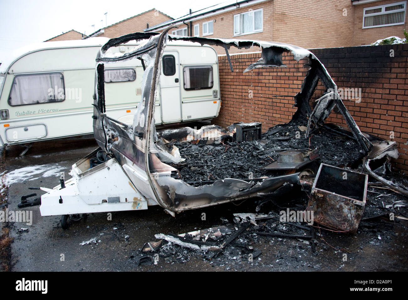 Touring Caravan Brandstiftung Feuer UK ausgebrannt Stockfoto