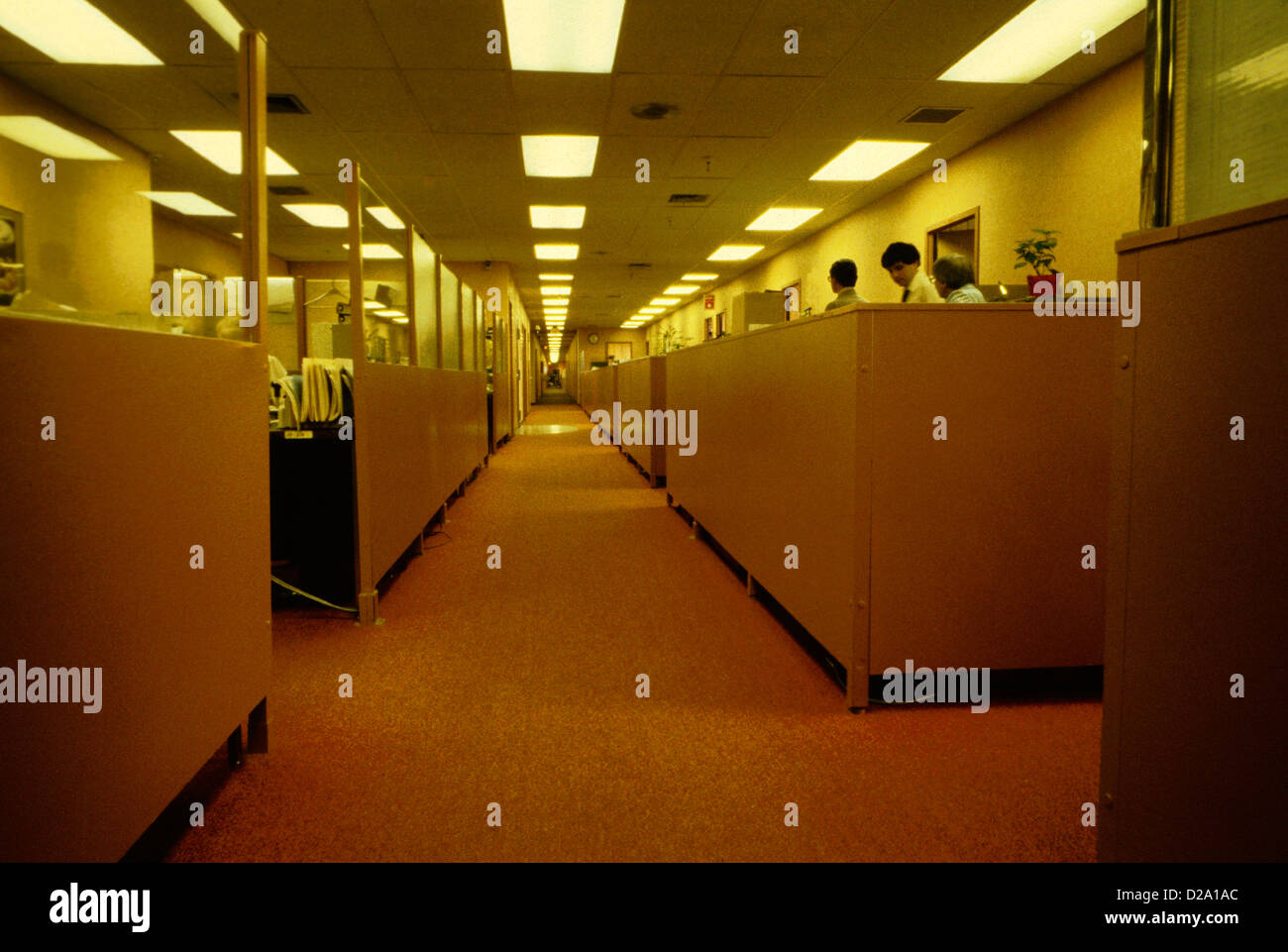 Büroeinrichtung mit Umkleidekabinen und Overhead Leuchtstofflampen Stockfoto