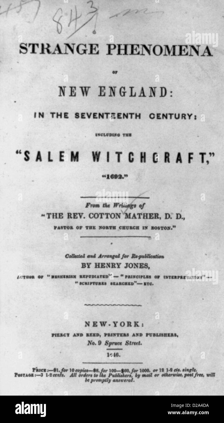 Titel Seite letzte Seite seltsame Phänomene New England im 17. Jahrhundert, einschließlich "Salem Witchcraft 1692' Cotton Mather neue schreiben Stockfoto