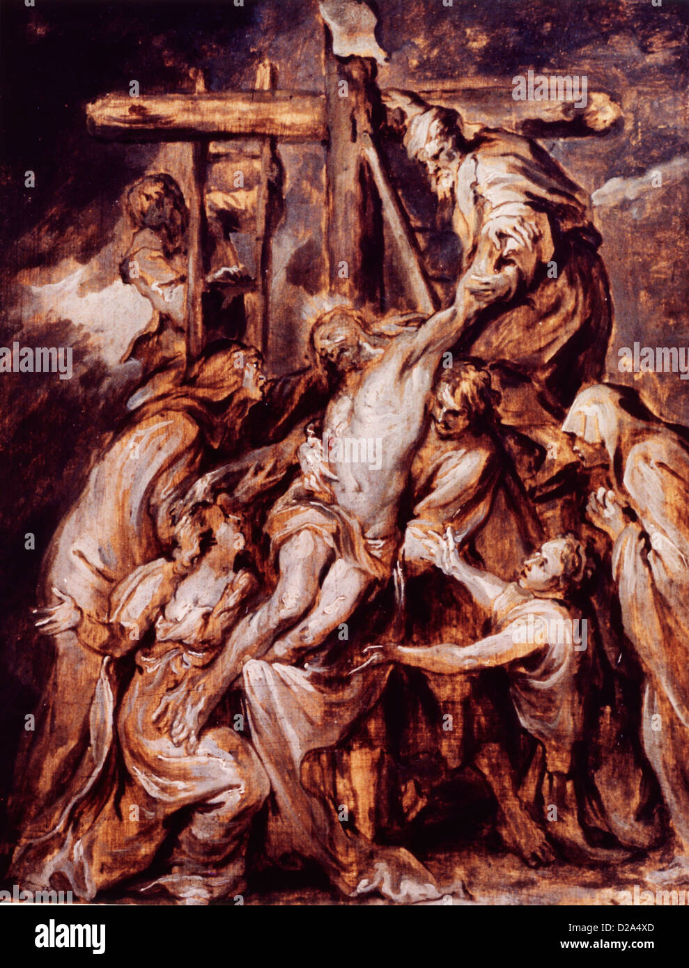 Die Kreuzigung, 17. Jahrhundert Ölgemälde von unbekannten flämischen Künstler. Jesus Being gesenkt vom Kreuz. Stockfoto