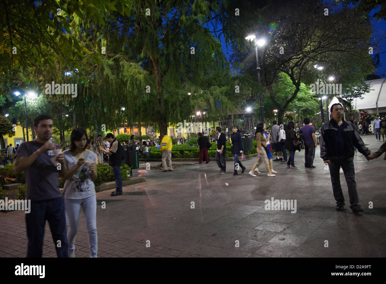 Parque Hidalgo im Plaza Coyoacan nachts in Mexiko-Stadt DF Stockfoto